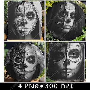 Jour des morts Mexique Calavera dentelle voile squelette festin fichier laser sous-bock graver en niveaux de gris ardoise image PNG graver noir blanc gravure CO2 Cnc