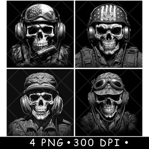 Op de afbeelding: Vier digitale illustraties van schedel-achtige figuren die militaire helmen en hoofdbedekkingen dragen. Elke figuur draagt een andere helm of hoofdbedekking, waaronder een pilotenhelm, een militaire helm, een militaire pet en een militaire baret. De figuren zijn allemaal in zwart-wit.