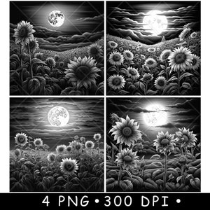 Champ de tournesols lune jardin vue botanique floral fichier laser sous-bock graver en niveaux de gris ardoise image PNG gravure noir blanc gravure CO2 Cnc