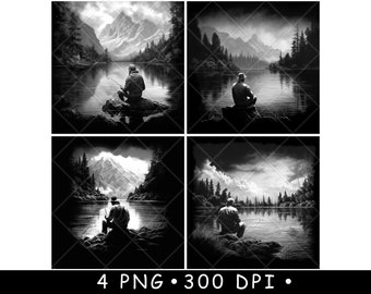 Man Fishing Gear Lake Angler Scene Pond Mountain Outdoor Laser File Coaster Burn Grayscale Slate PNG Image Engrave Black White Etch CO2 Cnc