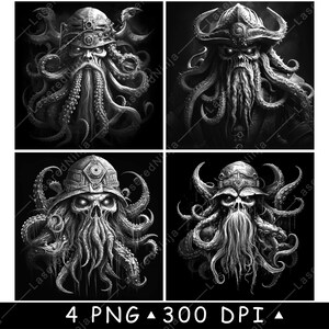 May include: Four digital illustrations of a skull with tentacles, wearing a helmet and a beard. The skull has glowing red eyes. The background is black.