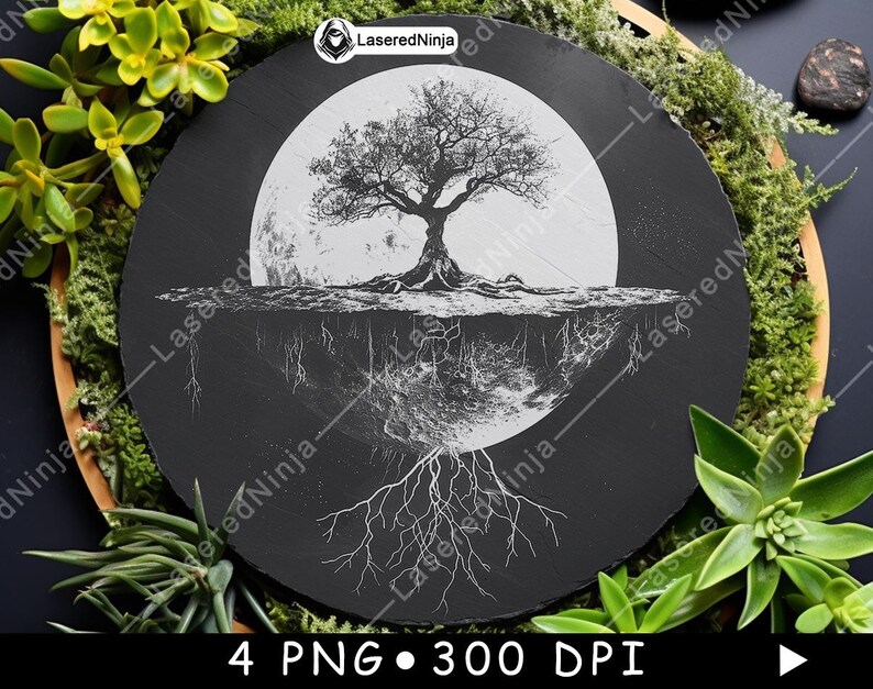 Moon Tree Root Floating Island Tree Moon Roots Black White PNG Bundle Silhouette Laser ...