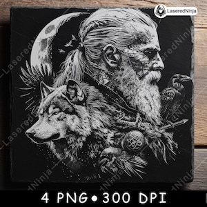 Viking Krieger Rabe Vogel Wolf Mittelalter Beschützer Laser Untersetzer Brennen Graustufen Schiefer PNG Bild Gravieren Schwarz Weiß Etch CO2 Cnc