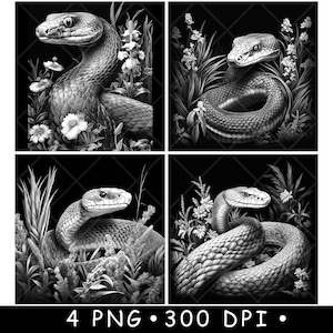 Serpente Serpente Python Cena Jardim Selvagem Réptil Botânico Arquivo Laser Coaster Queimar Tons de Cinza Ardósia Imagem PNG Gravar Preto Branco Gravar CO2 CNC