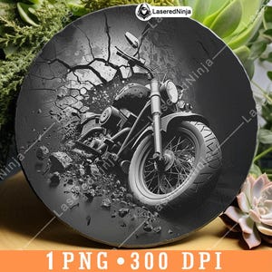 May include: A black and white image of a motorcycle with a cracked asphalt background. The motorcycle is in focus and the background is blurred. The motorcycle has a large front tyre and a smaller back tyre. The motorcycle is in a distressed, vintage style.