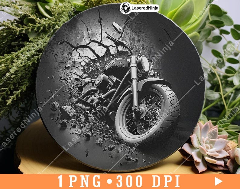 May include: A black and white image of a motorcycle with a cracked asphalt background. The motorcycle is in focus and the background is blurred. The motorcycle has a large front tyre and a smaller back tyre. The motorcycle is in a distressed, vintage style.