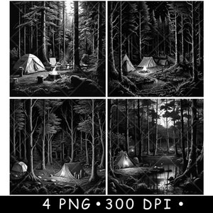 Woodland Camping Tent Vreugdevuur Boom Bos Beek Retraite Laserbestand Onderzetter Branden Grijstinten leisteen PNG-afbeelding graveren zwart wit etsen CO2 CNC