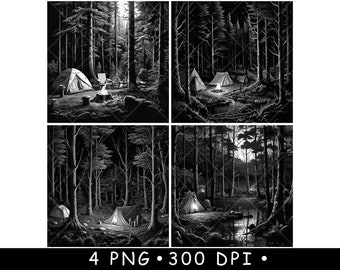Arte de gravação a laser em preto e branco com tema de acampamento noturno na floresta, barracas, fogueira e riacho.