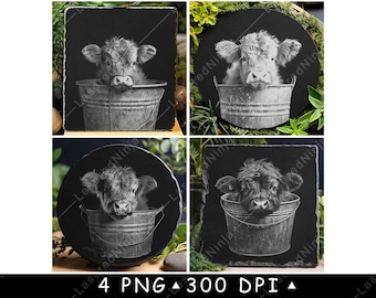Cute Baby Calf Highland Cow Bucket Farm Young Animal Laser File Coaster Burn Grayscale Slate PNG Image Engrave Black White Etch CO2 Cnc Art