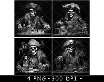 Squelette pirate buvant de l'alcool vodka scène caboteur fichier laser ardoise gravure noir et blanc PNG, Glowforge, lightburn, CO2, images, CNC