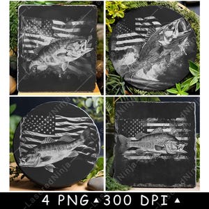 May include: Four black slate coasters with a white and red American flag design and a black and white bass fish design.  The coasters are 4 inches in diameter.