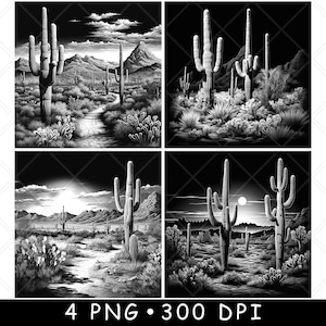 Saguaro National Park Cactus Landschapsscène Westen Laser PNG Leisteen Coaster Etsen Houtverbranding Zwart Wit Cnc, Glowforge, LightBurn, CO2-diode, xtool