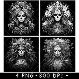 Festival der Toten Schädel Bruja Zauberer Hexe Kunst Untersetzer Laser-Datei Schiefer Etch Gravieren Schwarz Weiß PNG-Bilder, Glowforge, LightBurn, CO2, Cnc