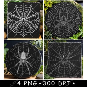 May include: Four black square coasters with a white spider and web design. The coasters are made of slate and have a rustic look.