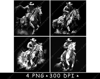 Cowboy Horse Wild West Roping Bandit Gunslinger Ranch Art Laser File Coaster Burn Grayscale Slate PNG Image Engrave Black White Etch CO2 Cnc