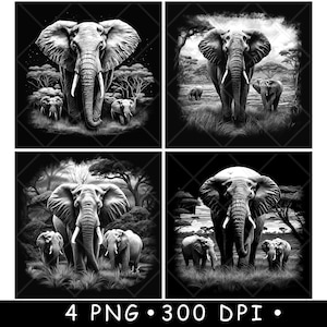 Familie kudde olifanten Afrika Savanne Wildlife Scene Coaster Laserbestand leisteen etsen graveren zwart wit PNG-afbeeldingen, Glowforge, LightBurn, CO2,Cnc