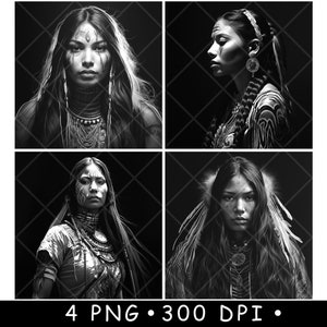 Native American Woman Indigenous Warrior Portrait Black and White Tribal Face Paint Laser Engraving Prints