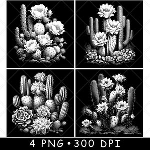 Fico d'India Cactus Fiore Pianta Succulenta Flora del Deserto File Laser Sottobicchiere Brucia Scala di grigi Ardesia PNG Immagine Incisa Nero Bianco Incisione CO2 Cnc