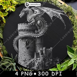 Könnte beinhalten: Eine Schwarzweißillustration eines Drachen, der auf einem Steinturm thront. Die Flügel des Drachen sind ausgebreitet und sein Schwanz schlingt sich um den Turm. Das Bild ist auf schwarzem Hintergrund.