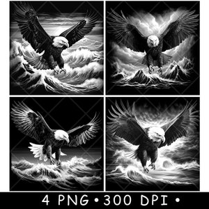 Aquila calva Onde Uccello Patriota Oceano Mare Volare Predatore Laser File Sottobicchiere Brucia Scala di grigi Ardesia PNG Immagine Incidere Nero Bianco Incisione CO2 Cnc
