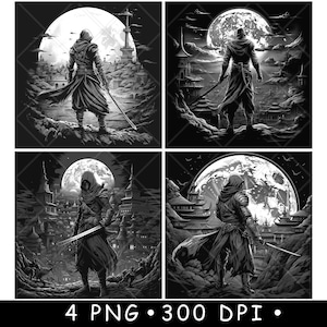 Ninja Assassin Silent Killer Mercenary Warrior Japan City Laser File Coaster Burn Grayscale Slate PNG Image Engrave Black White Etch CO2 Cnc