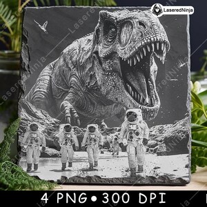 Astronautas, dinosaurio, rugido, T-rex, espacio, aventura, fantasía, archivo láser, posavasos, quemar, escala de grises, pizarra, imagen PNG, grabar, blanco y negro, grabado, CO2, CNC