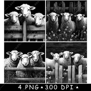Clôture de ferme rustique moutons troupeau ranch agneaux laineux chèvres grange fichier laser sous-bock graver en niveaux de gris ardoise image PNG graver noir blanc gravure CO2 Cnc