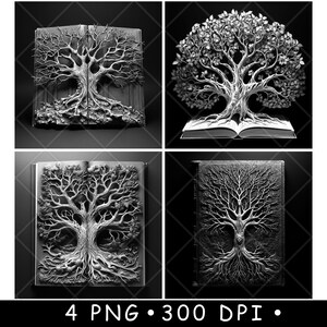 May include: Four grayscale images of books with tree designs. The books are open and closed, with detailed tree carvings on the covers. The images are labeled with "4 PNG • 300 DPI".