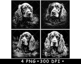 May include: A black and white digital illustration of a dog swimming in water. The dog has long, floppy ears and a wet, shiny coat. The water is dark and rippling.