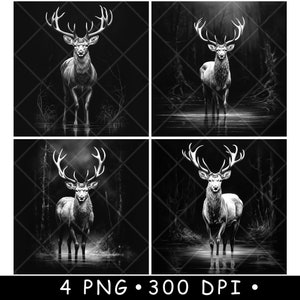 Cervo, alce, maschio, caribù, maschio, foresta, acqua, fiume, scena, file laser, sottobicchiere, bruciatura, scala di grigi, ardesia, immagine PNG, incisione, bianco e nero, incisione CO2 CNC