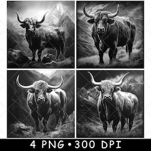 May include: Four black and white digital illustrations of a Highland bull standing in a mountainous landscape. The bull is facing forward with its horns pointing up and out. The bull is standing on a rocky surface with a mountain in the background.