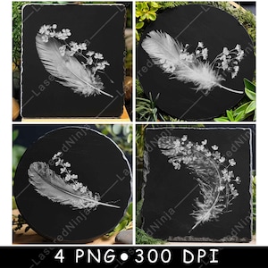 Feder Kleine Blumen Weiche Federn Florale Blüten Natur Laser Untersetzer Brennen Graustufen Schiefer PNG Bild gravieren schwarz weiß Etch CO2 Cnc