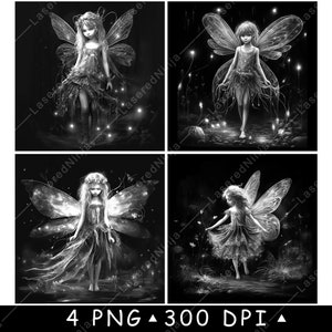 May include: Four black and white digital illustrations of fairies with wings, each fairy is standing in a forest setting with glowing lights.