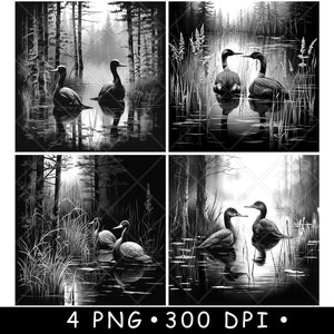 Pantano de colimbos, gansos, patos, pantano, agua, lago, ganso, bosque, estanque, archivo láser, posavasos, quemar, escala de grises, pizarra, imagen PNG, grabar, blanco y negro, grabado, CO2, CNC