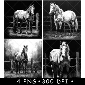Caballo de granja rústico, semental equino, establo, cerca de tierra de cultivo, archivo láser, posavasos, escala de grises, pizarra, imagen PNG, grabado, blanco y negro, grabado, CO2, CNC