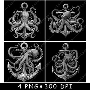 Ancre de navire pieuvre tentacules créature de l'océan mollusques fichier laser dessous de verre gravure en niveaux de gris ardoise image PNG gravure noir blanc gravure CO2 Cnc