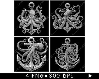 Octopus Wrapped Anchor Set Nautische Meeresgeschöpf Tentakel Kette Ring hoher Kontrast Gravur Bilder