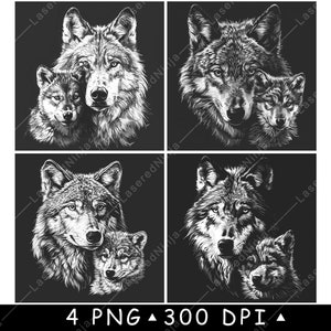 Wolf Cub Pup Jäger Wild Jung Grau Wildlife Familie Mama Laser Untersetzer Brennen Graustufen Schiefer PNG Bild Gravieren Schwarz Weiß Etch CO2 Cnc