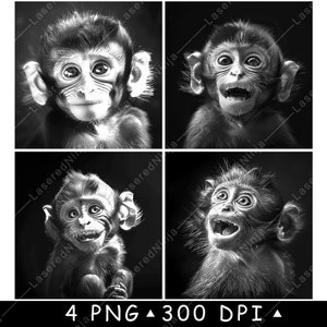 Happy baby aapje schattige chimpansee jonge kleine chimpansee wild laserbestand onderzetter branden grijstinten leisteen PNG-afbeelding graveren zwart wit etsen CO2 cnc