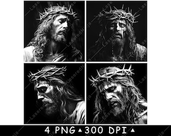 Jesus Crown Thorns Laser Engraving Black White Christian PNG Designs Passion of Christ Portraits