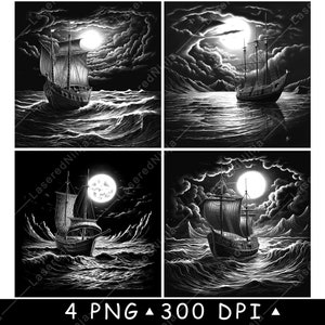 Bateau en bois pirate viking galion nacré vagues de l'océan scène fichier laser sous-bock graver en niveaux de gris ardoise image PNG graver noir blanc gravure CO2 Cnc