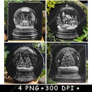Boule à neige de Noël cadeau ville d'hiver enneigée décoration festive fichier laser dessous de verre graver en niveaux de gris ardoise image PNG graver noir blanc gravure CO2 Cnc
