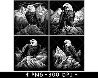 May include: A black and white digital illustration of a bald eagle perched on a rocky mountain peak. The eagle has its wings spread and is looking to the right. The background is a dark, cloudy sky with snow-capped mountains in the distance.