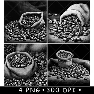Grains de café Arabica robusta expresso latte torréfié fichier laser rustique dessous de verre graver en niveaux de gris ardoise image PNG graver noir blanc gravure CO2 Cnc