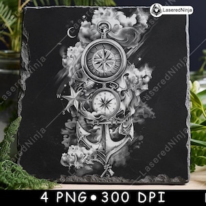 Bussola Ancora Nave Vela Oceano Onde Nautico Marittimo Laser File Sottobicchiere Brucia Scala di grigi Ardesia PNG Immagine Incidere Nero Bianco Incisione CO2 Cnc