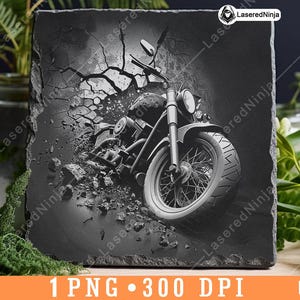 May include: A black and white image of a motorcycle carved into a black slate stone. The motorcycle is partially submerged in a cracked surface, with the front tire facing the viewer.