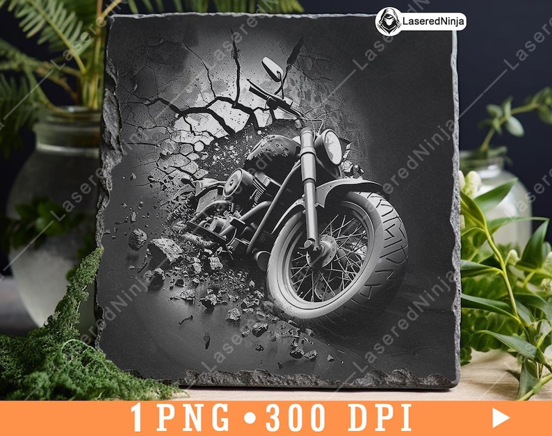 May include: A black and white image of a motorcycle carved into a black slate stone. The motorcycle is partially submerged in a cracked surface, with the front tire facing the viewer.