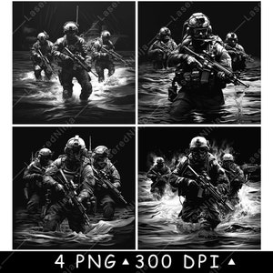 Navy Seal oorlogsvoering missie mariniers water soldaat militair laserbestand onderzetter branden grijstinten leisteen PNG-afbeelding graveren zwart wit etsen CO2 CNC