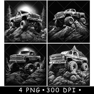 Monster Truck Dirt Grote offroad-banden Bos Terrein Steen Laserbestand Achtbaan Branden grijstinten leisteen PNG-afbeelding graveren zwart wit etsen CO2 CNC