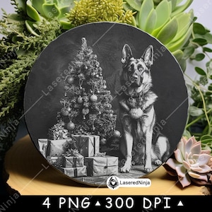 Deutscher Schäferhund Weihnachtsbaum Geschenke Box Hund Haustier präsentiert Laser Untersetzer Brennen Graustufen Schiefer PNG Bild Gravieren Schwarz Weiß Etch CO2 Cnc